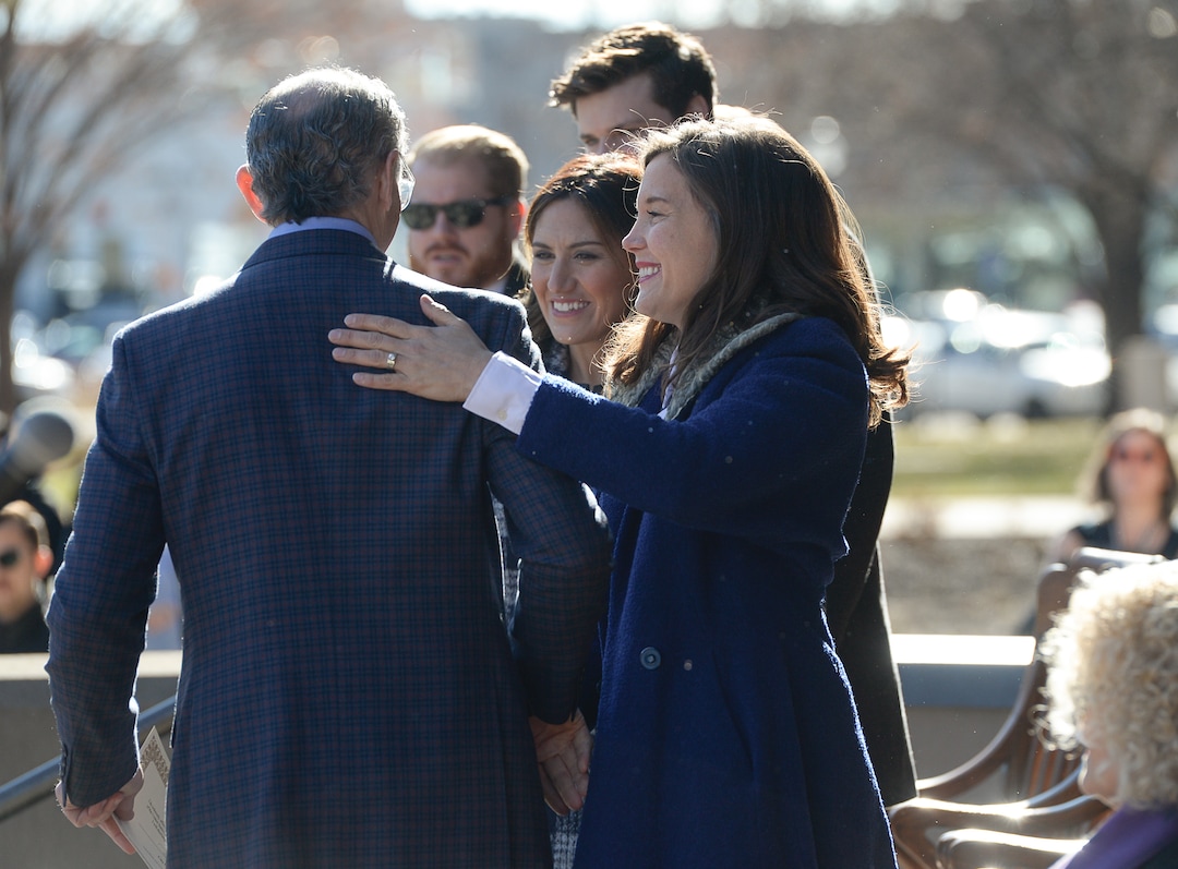(Francisco Kjolseth  |  The Salt Lake Tribune) Daniel E. Dugan, left, is welcomed into the Salt Lake City Council family as District 6 Councilman at Salt Lake City Hall on Monday, Jan. 6, 2020, during inauguration ceremonies that included Erin Mendenhall, right, being sworn in as Mayor.