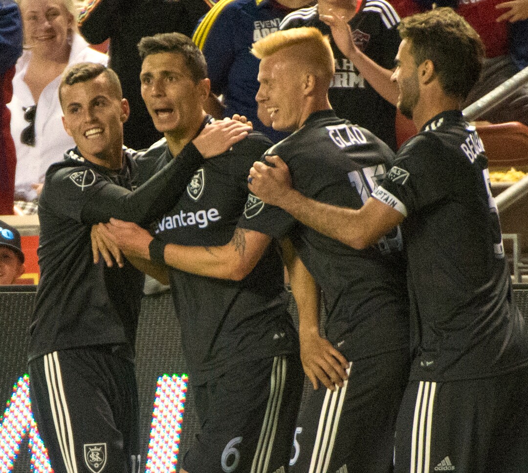 (Rick Egan  |  The Salt Lake Tribune)   Real Salt Lake celebrates after Real Salt Lake midfielder Damir Kreilach (6) scores for Salt Lake, in MLS soccer action, between Real Salt Lake and Colorado Rapids,  at Rio Tinto Stadium, Saturday, April 21, 2018.