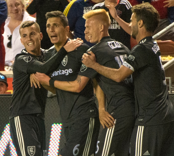(Rick Egan  |  The Salt Lake Tribune)   Real Salt Lake celebrates after Real Salt Lake midfielder Damir Kreilach (6) scores for Salt Lake, in MLS soccer action, between Real Salt Lake and Colorado Rapids,  at Rio Tinto Stadium, Saturday, April 21, 2018.


