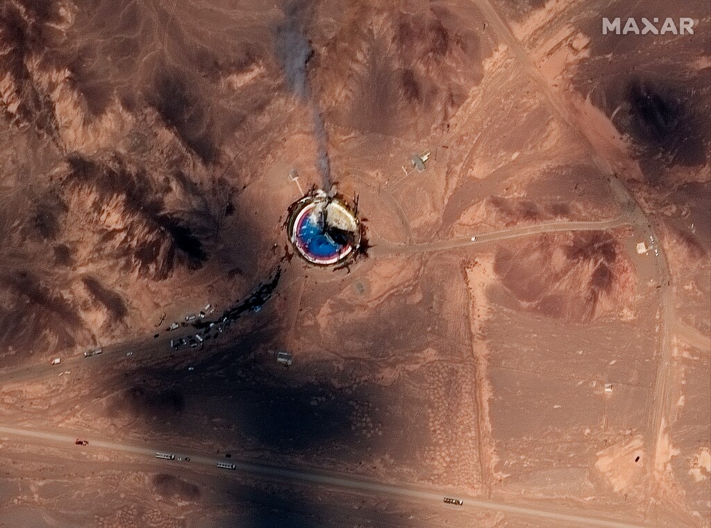 (Photo courtesy ©2019 Maxar Technologies via AP) This satellite image shows a fire at a rocket launch pad at the Imam Khomeini Space Center in Iran's Semnan province, Thursday, Aug. 29, 2019. Satellite images released Thursday show the smoldering remains of a rocket at a Iran space center that was to conduct a U.S.-criticized satellite launch.