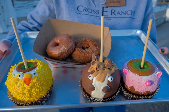 (Leah Hogsten | The Salt Lake Tribune) Carmel coated apples and the ranch's signature Cider Apple donuts are a favorite during the Baby Animal Festival  and Tulip Field Festival at Cross E Ranch April 23, 2021.The festival runs unlil May 8.