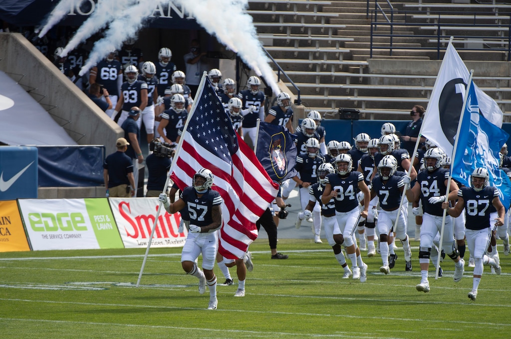 (Rick Egan  |  The Salt Lake Tribune)     BYU takes the field for football action between the Brigham Young Cougars and the UTSA Roadrunners, at Lavell Edwards stadium, Saturday, Oct. 10, 2020.