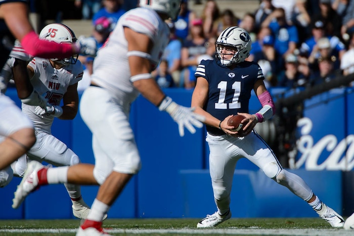(Trent Nelson | The Salt Lake Tribune)  
Brigham Young Cougars quarterback Zach Wilson (11) as BYU hosts Northern Illinois, NCAA football in Provo, Saturday Oct. 27, 2018.
