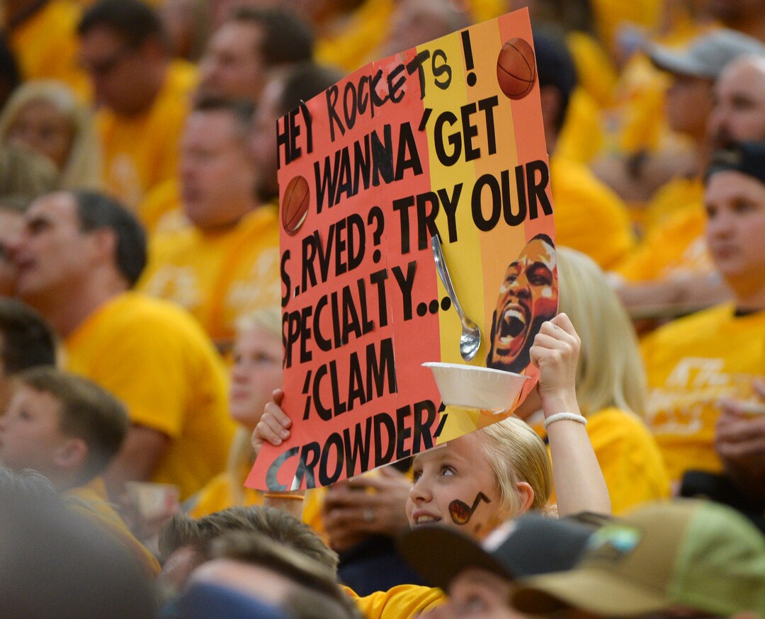 (Leah Hogsten  |  The Salt Lake Tribune)  as the Utah Jazz take on the Houston Rockets in Game 3 of an NBA basketball second-round playoff series Friday, May 4, 2018 in Salt Lake City.