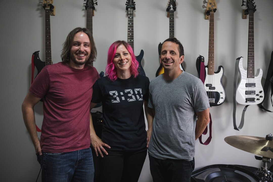 (Clark Clifford  |  for The Salt Lake Tribune) Chris Bennett, Elaine Bradley, and Bryce Taylor of Noble Bodies at their practice for an upcoming show in the band's rehearsal space in Orem on Saturday, Aug. 3, 2019.