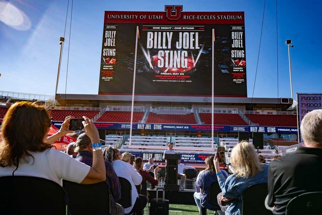 (Rick Egan | The Salt Lake Tribune)  Jason Farrell, President of Live Nation Utah, announces the upcoming concert with Billy Joel and Sting at Rice-Eccles Stadium in May, during a news conference on Thursday, Sept. 26, 2024. The concert has been postponed a year to May 22, 2026.