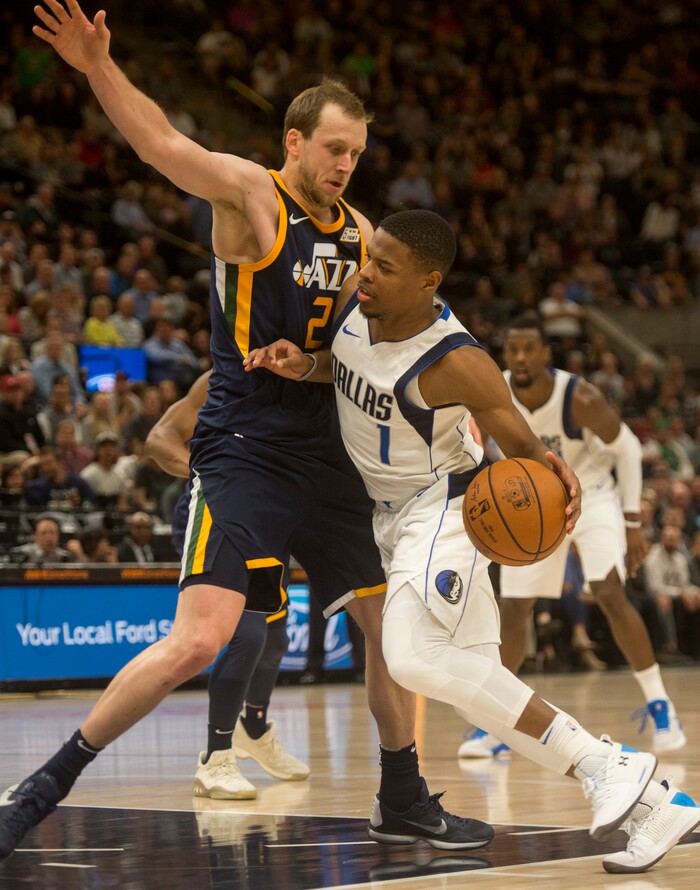 (Rick Egan  |  The Salt Lake Tribune) Utah Jazz forward Joe Ingles (2) guards Dallas Mavericks guard Dennis Smith Jr. (1), in NBA action Utah Jazz vs. Dallas Mavericks, in Salt Lake City, Monday, October 30, 2017.