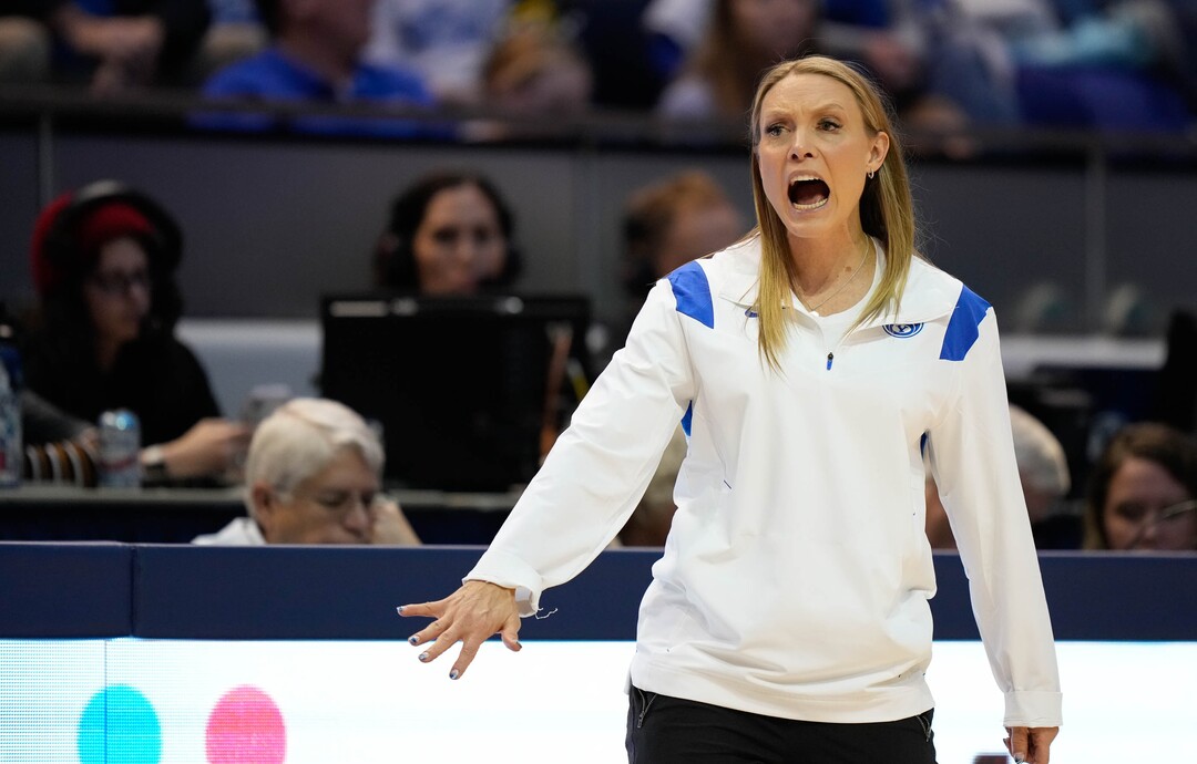 (Francisco Kjolseth | The Salt Lake Tribune) BYU women’s basketball coach Amber Whiting yells out to her team in basketball action between the Utah Utes and the Brigham Young Cougars, at the Marriott Center in Provo, on Saturday, Dec. 10, 2022.