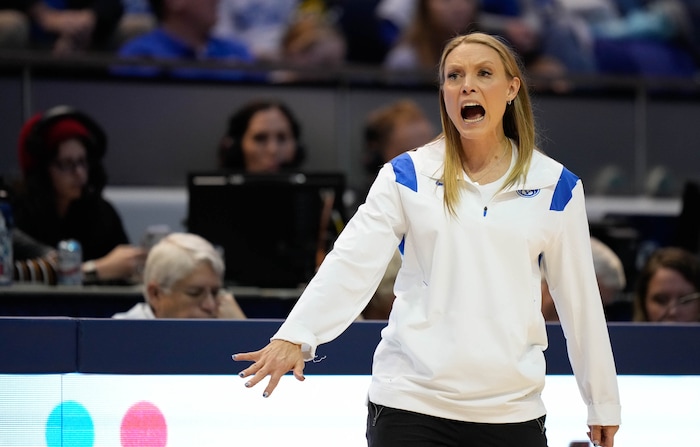 (Francisco Kjolseth | The Salt Lake Tribune) BYU women’s basketball coach Amber Whiting yells out to her team in basketball action between the Utah Utes and the Brigham Young Cougars, at the Marriott Center in Provo, on Saturday, Dec. 10, 2022.