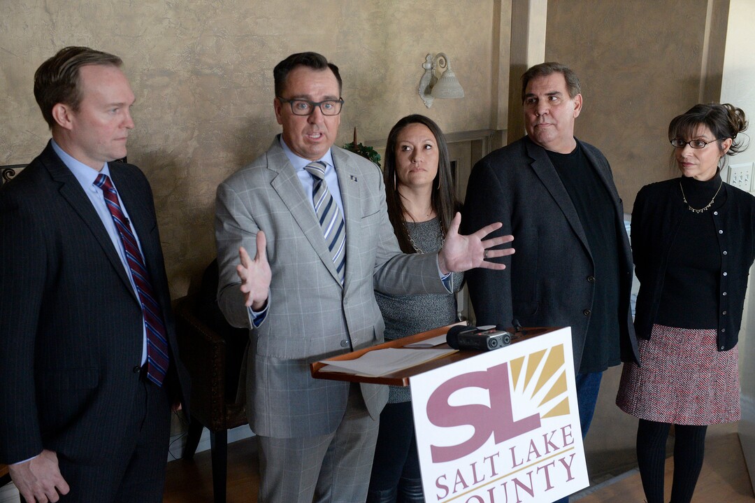 (Al Hartmann  |  The Salt Lake Tribune) 	Mayor Ben McAdams, left, House Speaker Greg Hughes, Destiny Garcia, (the first Operation Rio Grand client to move into a sober living home) and Michael and Renee Brown of Next Level Recovery announce the opening of new sober living housing program Monday Jan. 29 in Murray. The combined county and state funded program places people in safe, affordable housing while continuing to receive treatment for substance use.  The residential home is now open in Murray providing space for 12 residents. 