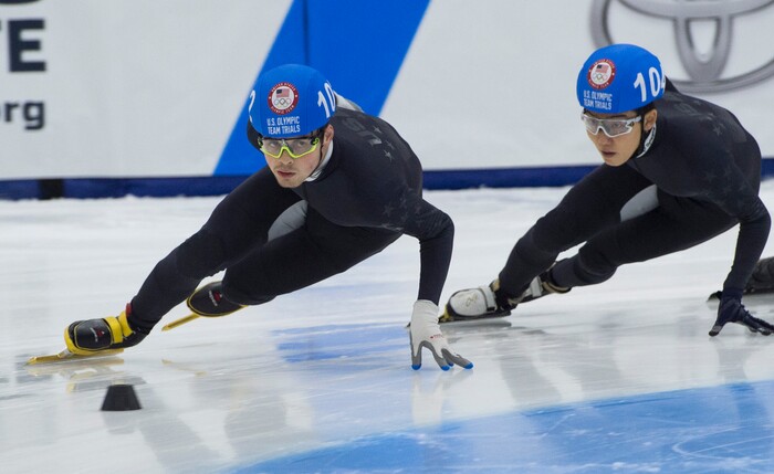 (Scott Sommerdorf   |  The Salt Lake Tribune)   
John-Henry Krueger on his way to winning the men's 1000 meter final and cinching his spot on the US Olympic team during day 3 of the U.S. short-track Olympic Team Trials at the Utah Olympic Oval, Sunday, December 17, 2017.  
