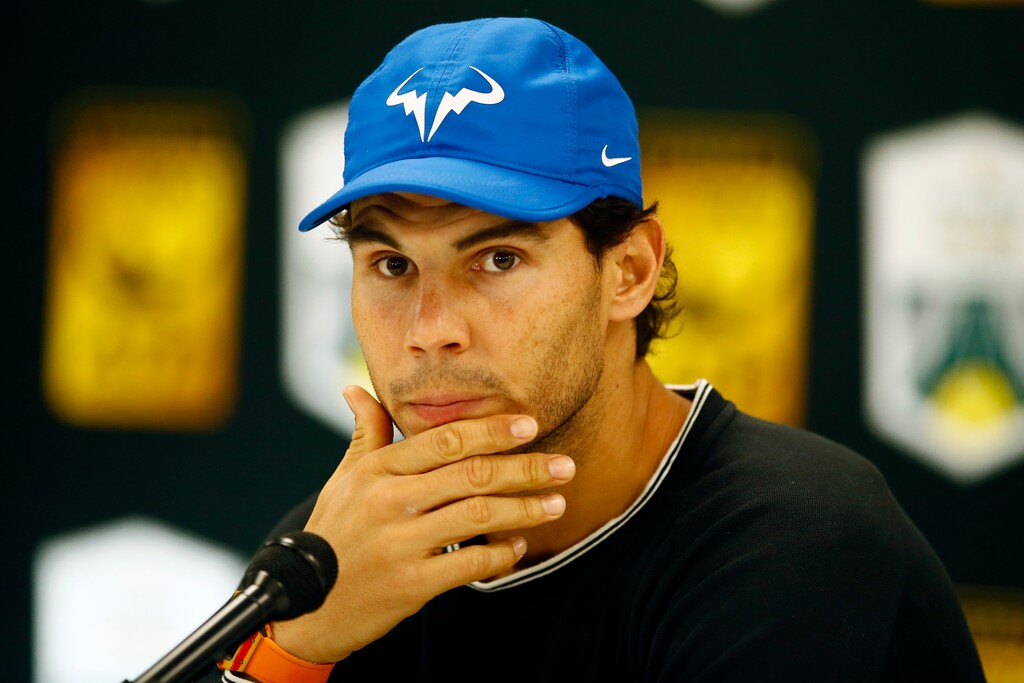 Rafael Nadal of Spain attends a press conference to announce he pulled out of the Paris Masters with a right knee injury, at the Bercy Arena in Paris, France, Friday, Nov. 3, 2017. Top-ranked Rafael Nadal held a news conference on Friday to announce he could not play his scheduled match against Serbian qualifier Filip Krajinovic. (AP Photo/Francois Mori)