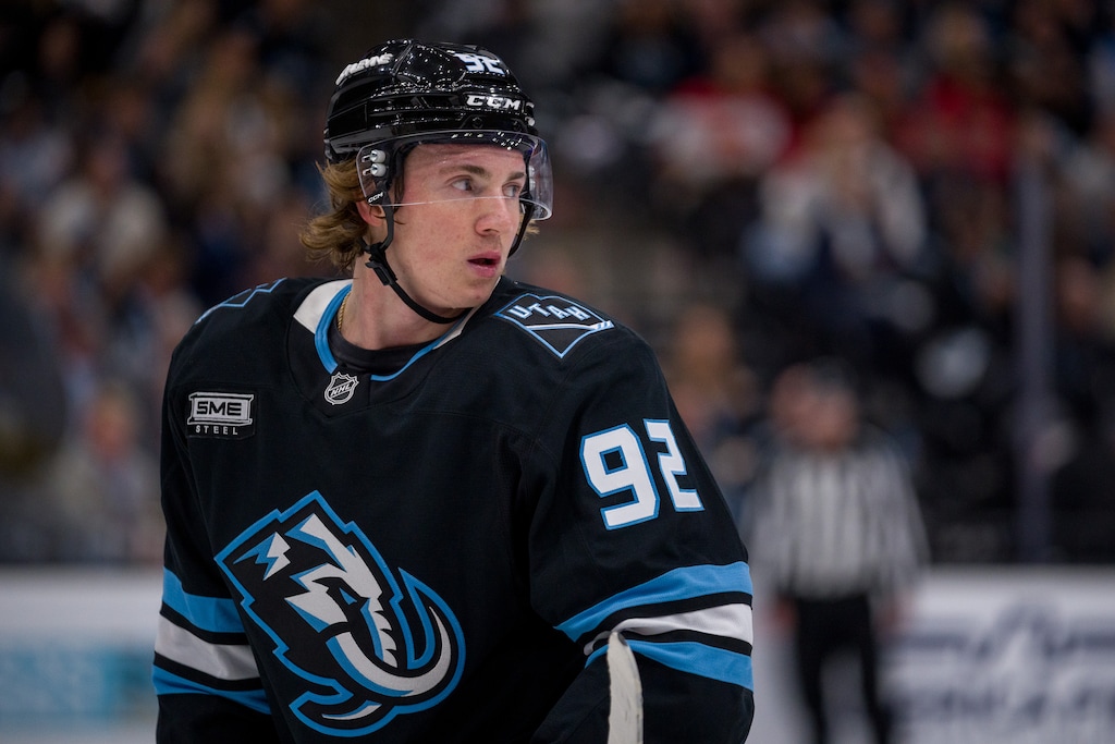 (Trent Nelson  |  The Salt Lake Tribune) Logan Cooley as the Utah Mammoth host the Calgary Flames, NHL hockey in Salt Lake City on Wednesday, Oct. 15, 2025.