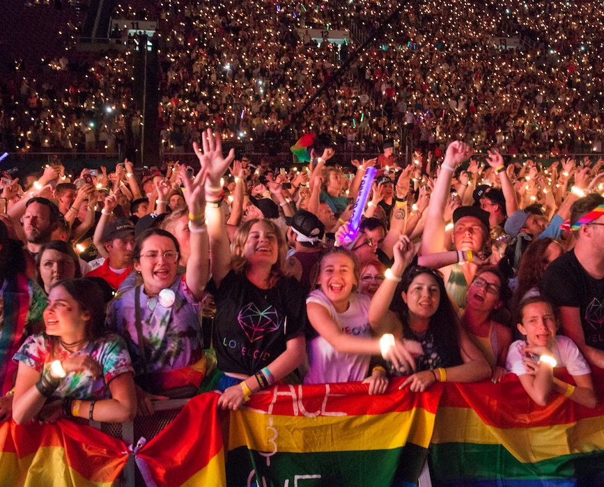 (Rick Egan  |  The Salt Lake Tribune)     The crowd reacts as Dan Reynolds performs with Imagine Dragons, at the Loveloud Festival at Rice-Eccles Stadium, Saturday, July 28, 2018.