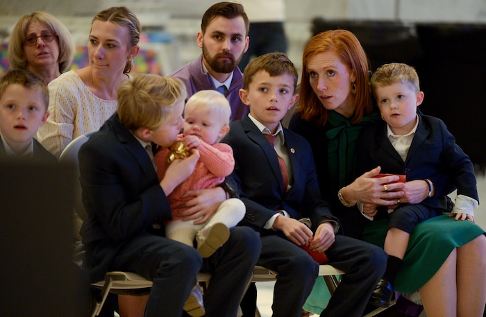 Leah Hogsten  |  The Salt Lake Tribune  Jennie Taylor and her seven children participate in Chabad Lubavitch of Utah's 12th annual Hanukkah celebration at the Utah Capitol, Dec. 2, 2018. This year's event was also dedicated as 'A Salute to a Hero', in tribute to the late Maj. Brent Taylor of North Ogden, as the Menorah was kindled by his wife, Jennie Taylor.