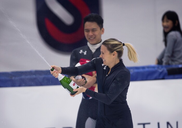 (Scott Sommerdorf   |  The Salt Lake Tribune)   
Jessica Kooreman celebrates with other members of the USA Olympic short track speed skating team at the end of the U.S. short-track Olympic Team Trials at the Utah Olympic Oval, Sunday, December 17, 2017.  
