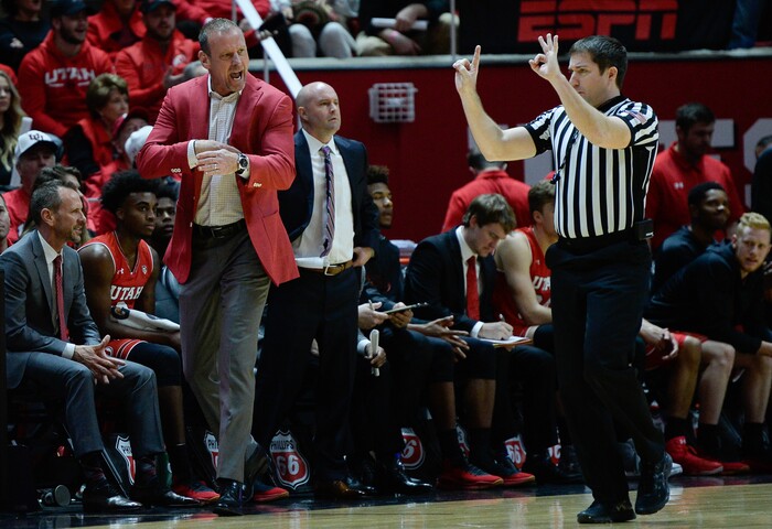 (Francisco Kjolseth  |  The Salt Lake Tribune)  Coach Larry Krystkowiak argues with the ref as the University of Utah hosts UCLA in NCAA basketball at the Huntsman Center in Salt Lake City, Thursday, Feb. 22, 2018.
