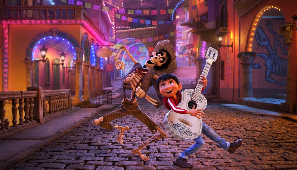 (Disney-Pixar via AP) In this image released by Disney-Pixar, character Hector, voiced by Gael Garcia Bernal, left, and Miguel, voiced by Anthony Gonzalez, appear in a scene from the animated film, "Coco."