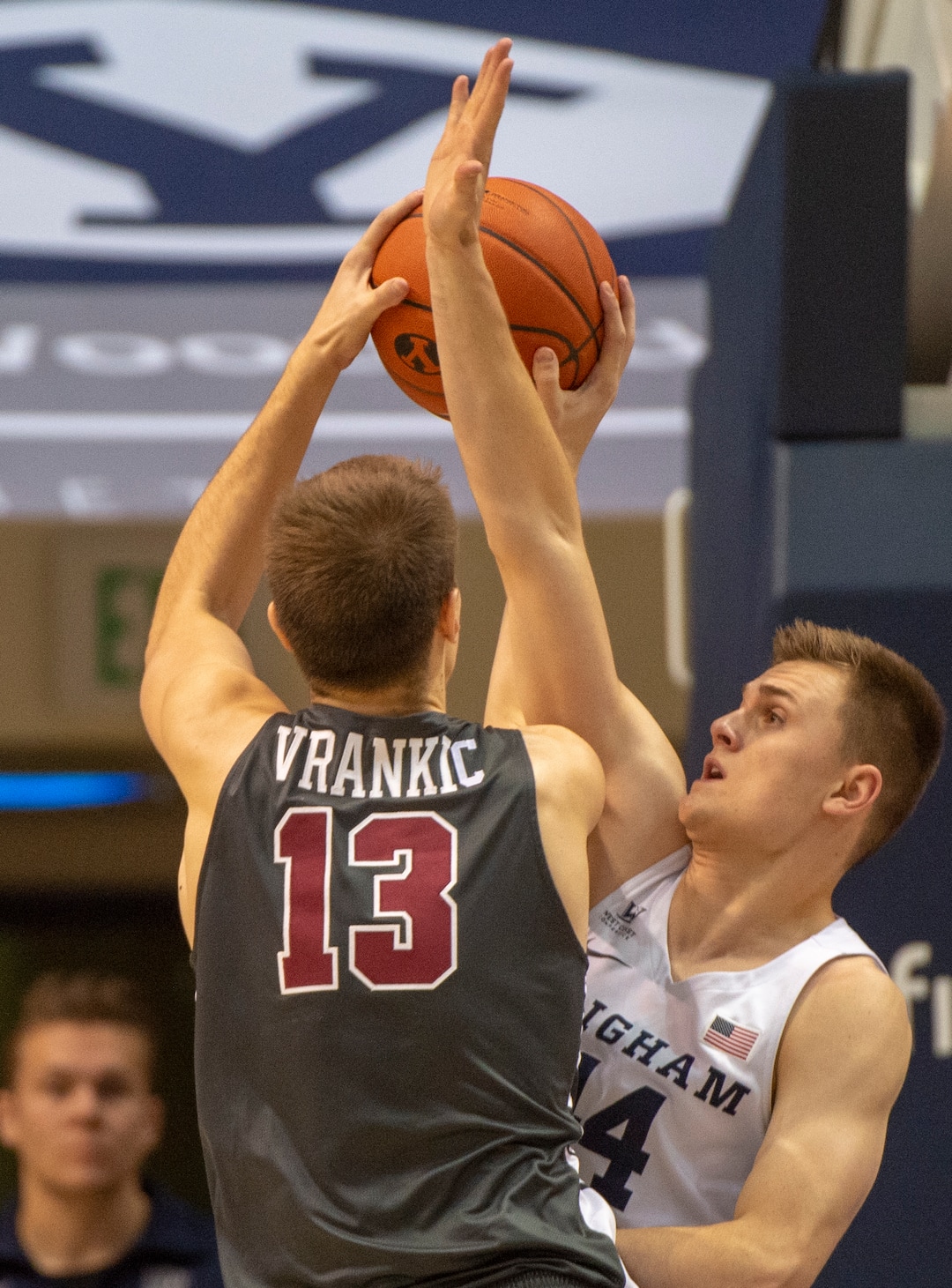 (Rick Egan  |  The Salt Lake Tribune)       Santa Clara Broncos forward Josip Vrankic (13) takes a shot as Brigham Young Cougars guard Connor Harding (44) defends, in basketball action between Brigham Young Cougars and Santa Clara Broncos at the Marriott Center in Provo, Saturday, Jan. 12, 2019.