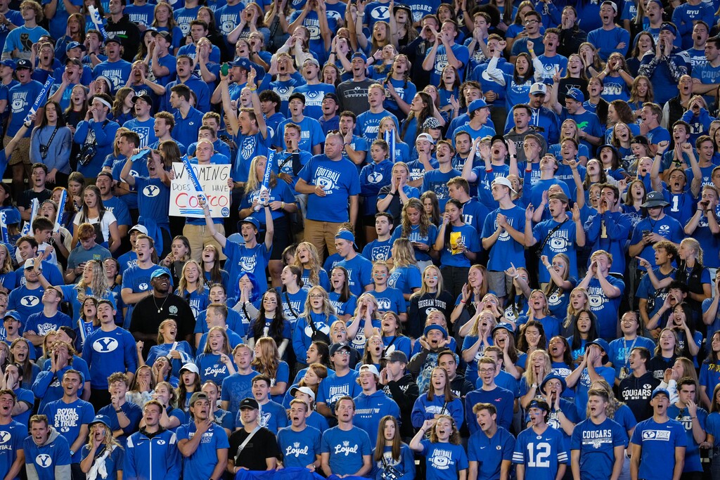(Francisco Kjolseth | The Salt Lake Tribune) in football action between the Brigham Young Cougars and the Wyoming Cowboys at LaVell Edwards Stadium in Provo, on Saturday, Sept. 24, 2022.