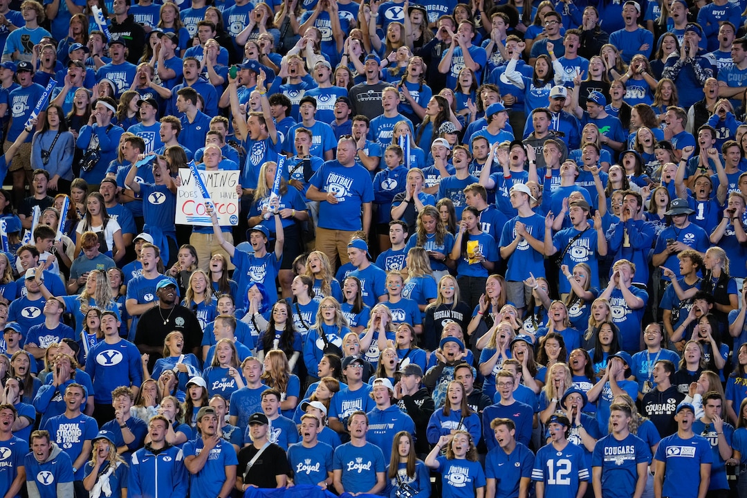 (Francisco Kjolseth | The Salt Lake Tribune) in football action between the Brigham Young Cougars and the Wyoming Cowboys at LaVell Edwards Stadium in Provo, on Saturday, Sept. 24, 2022.