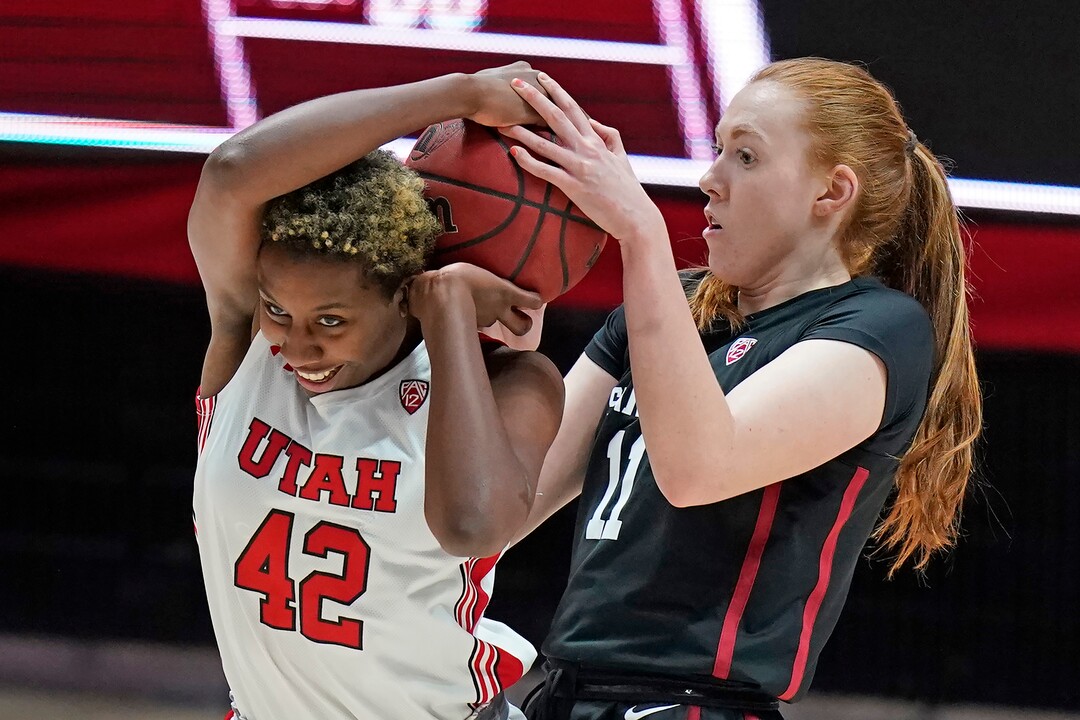 Stanford forward Ashten Prechtel (11) defends against Utah forward Peyton McFarland (42) in the first half during an NCAA college basketball game Friday, Jan. 15, 2021, in Salt Lake City. (AP Photo/Rick Bowmer)
