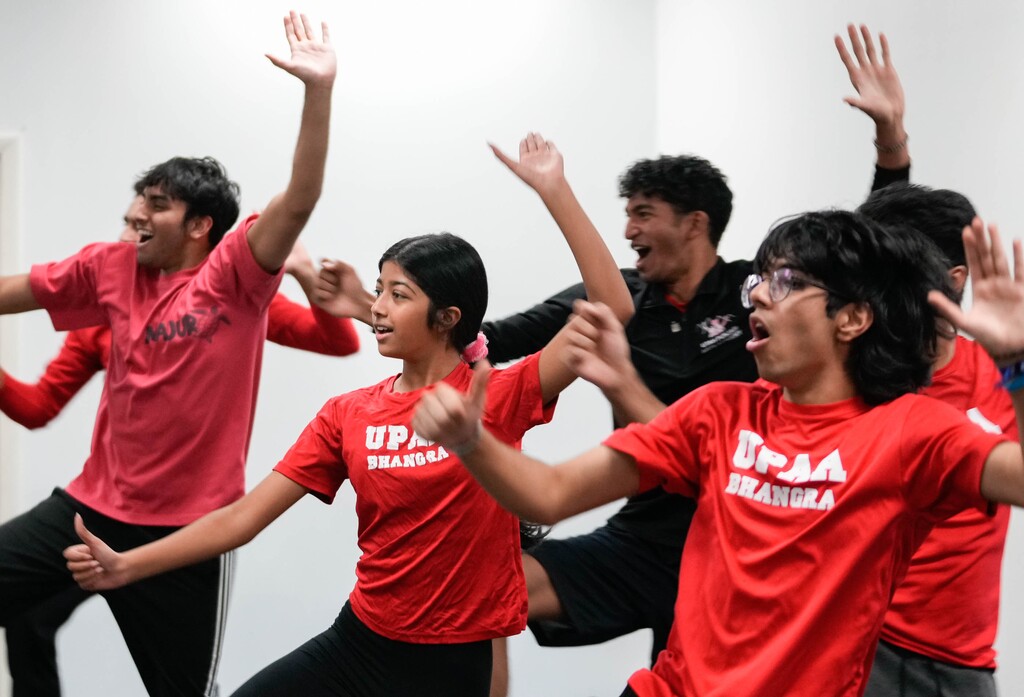(Francisco Kjolseth | The Salt Lake Tribune) Advanced dance students at the Utah Punjabi Arts Academy practices a bhangra, a North Indian folk dance, on Saturday, Nov. 12. 2022, at South Valley Creative Dance Studio. The academy has been around for five years, and the advanced dancers maintain a fast-paced high-energy cadence as they prepare for upcoming performances.