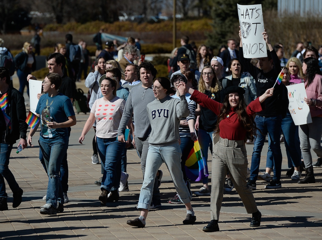 (Francisco Kjolseth  |  The Salt Lake Tribune) Students protest outside the student center at Brigham Young University in Provo, Wednesday, March 4, 2020, after an official with The Church of Jesus Christ of Latter-day Saints issued a clarification to the school's Honor Code, which said that same-sex romantic behavior is still "not compatible" with the rules at BYU.