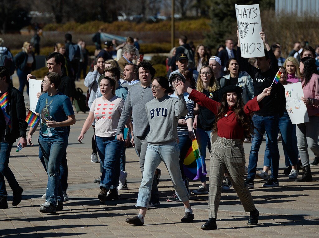 (Francisco Kjolseth | The Salt Lake Tribune) Students protest outside the student center at Brigham Young University in Provo, Wednesday, March 4, 2020, after an official with The Church of Jesus Christ of Latter-day Saints issued a clarification to the school's Honor Code, which said that same-sex romantic behavior is still "not compatible" with the rules at BYU.