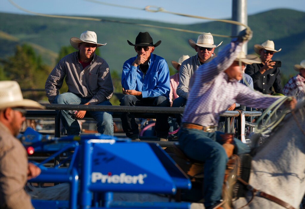 (Bethany Baker  |  The Salt Lake Tribune) People watch during the Utah High School Rodeo Association state finals in Heber City on Wednesday, June 4, 2025. 