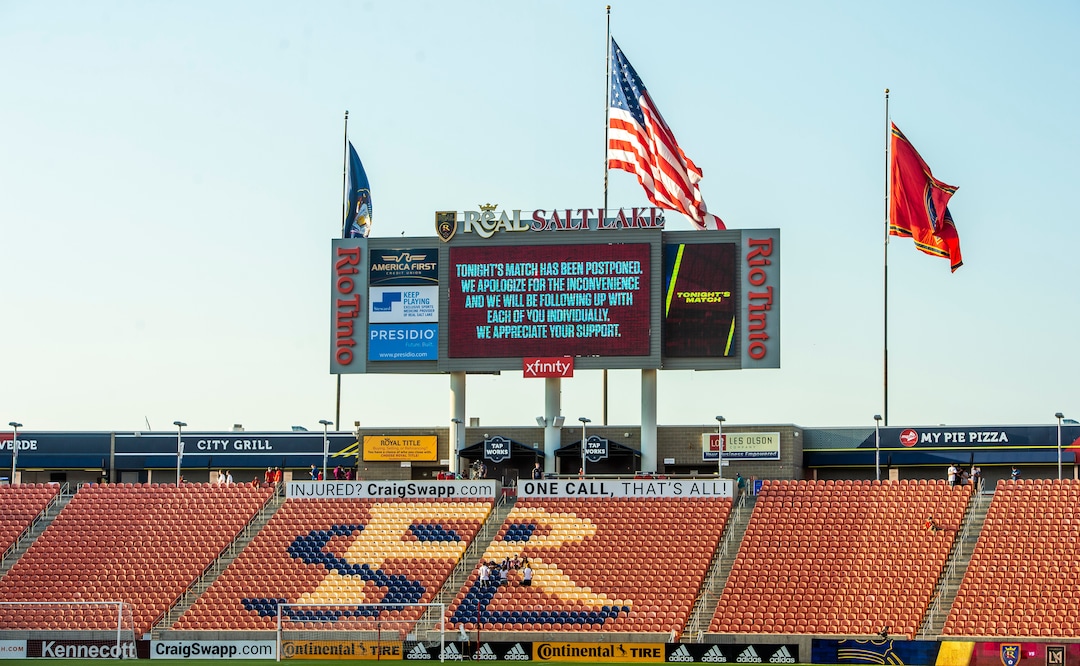 (Rick Egan  |  The Salt Lake Tribune)     THe stadium is empty minutes before the match was supposed to start as the game between Real Salt Lake and LAFC was postponed after teams in sports leagues across the country boycotted scheduled games to protest the police shooting of Jacob Blake, RSL and LAFC followed suit, along with the rest of MLS, on Wednesday, Aug. 26, 2020.