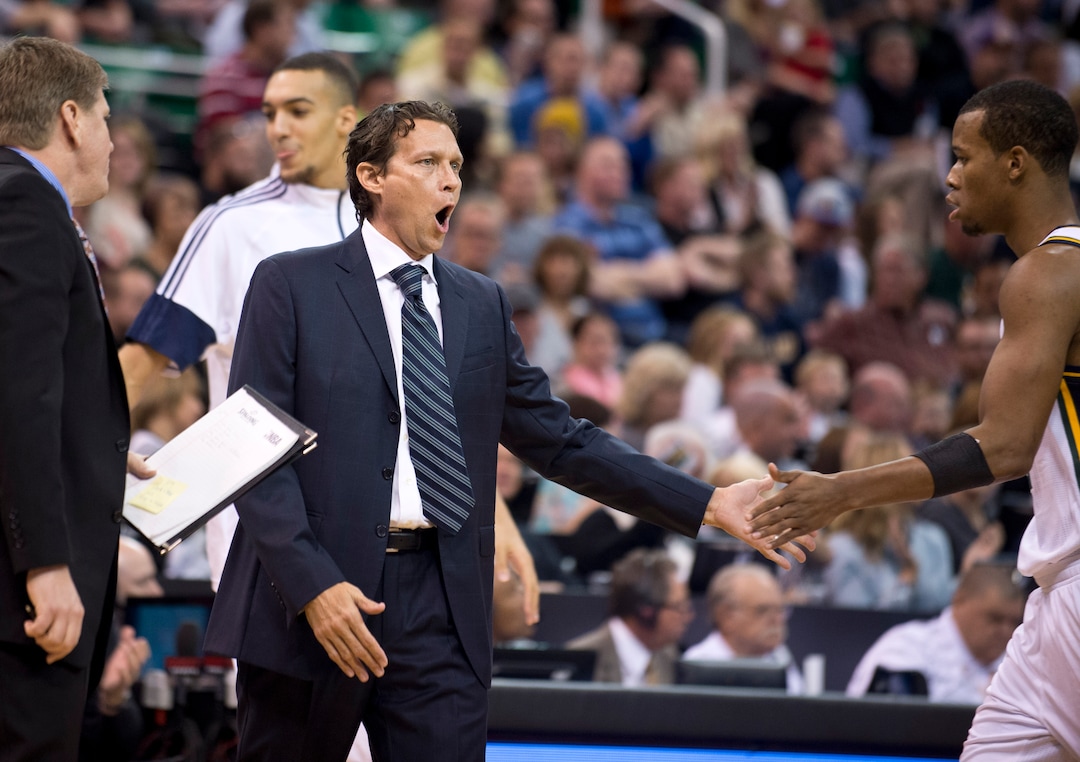 Lennie Mahler  |  The Salt Lake TribuneJazz head coach Quin Snyder high-fives Rodney Hood as Phoenix calls timeout in the first half of a game at EnergySolutions Arena in Salt Lake City, Saturday, Nov. 1, 2014.