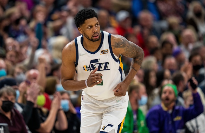 (Rick Egan | The Salt Lake Tribune) Utah Jazz forward Rudy Gay (8) heads down court after sinking a 3-point shot, in NBA action between Utah Jazz and Toronto Raptors, at Vivint Arena, in Salt Lake City, on  Thursday, Nov. 18, 2021.