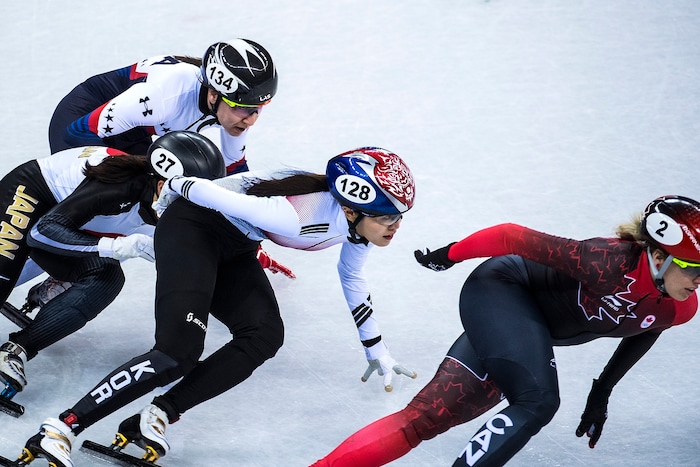 (Chris Detrick  |  The Salt Lake Tribune)  Marianne St Gelais of Canada Alang Kim of Korea Sumire Kikuchi of Japan and Lana Gehring of the United States during the Ladies' 1000m Short Track Speed Skating at Gangneung Ice Arena Pyeongchang 2018 Winter Olympics Tuesday, Feb. 20, 2018. 