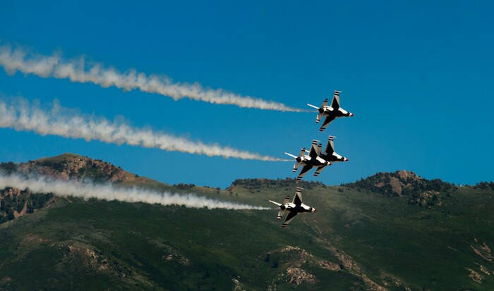 (Rick Egan  |  The Salt Lake Tribune)    The U.S.A.F. Thunderbirds perform at the Warriors Over the Wasatch airshow at Hill Airforce Base, Sunday, June 24, 2018.