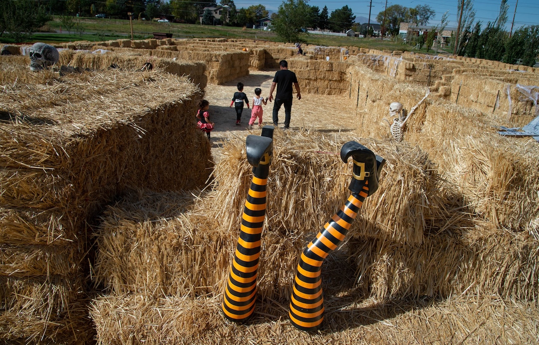 (Francisco Kjolseth  |  The Salt Lake Tribune) Wheeler Farm's annual Pumpkin Days celebration is underway, as people enjoy the "Family-Friendly Not-so-Scary Halloween" with a hay maze, pumpkin patch, children's train and games on Saturday, Oct. 10, 2020.
