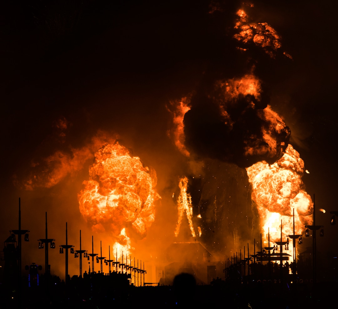 (Rick Egan  |  The Salt Lake Tribune)   The Burning Man explodes into flames ruing the annual burn, at Burning Man, Saturday, Sept. 1, 2018.