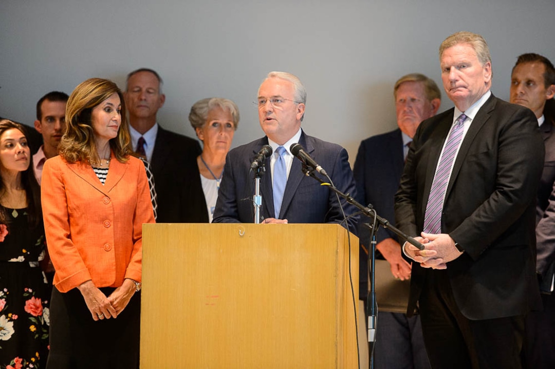 (Trent Nelson | The Salt Lake Tribune)  Jack Gerard of the LDS Church, with Lisa Harkness and Craig Christensen, announces the church's opposition to Utah's medical marijuana initiative at a news conference in Salt Lake City, Thursday Aug. 23, 2018.