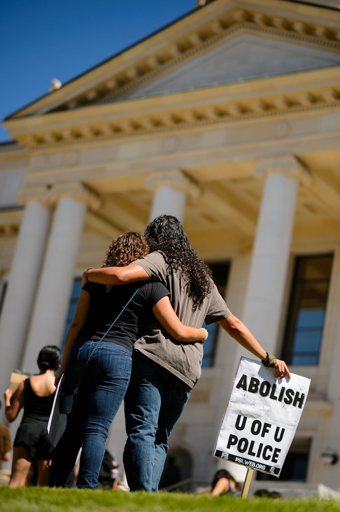 (Trent Nelson | The Salt Lake Tribune) Protesters at the University of Utah in Salt Lake City on Thursday, Sept. 3, 2020. The protest called for President Ruth Watkins to resign and for the campus police department to be dissolved..