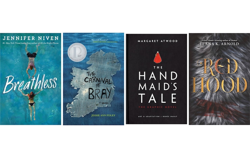 (Knopf Books for Young Readers; Elephant Rock Books; Nan A. Talese; Clarion Books) Books recently banned in Utah public schools, from left: "Breathless," by Jennifer Niven; "The Carnival at Bray," by Jessie Ann Foley; "The Handmaid's Tale: The Graphic Novel," written by Margaret Atwood and illustrated by Renée Nault; and "Red Hood," by Elana K. Arnold.