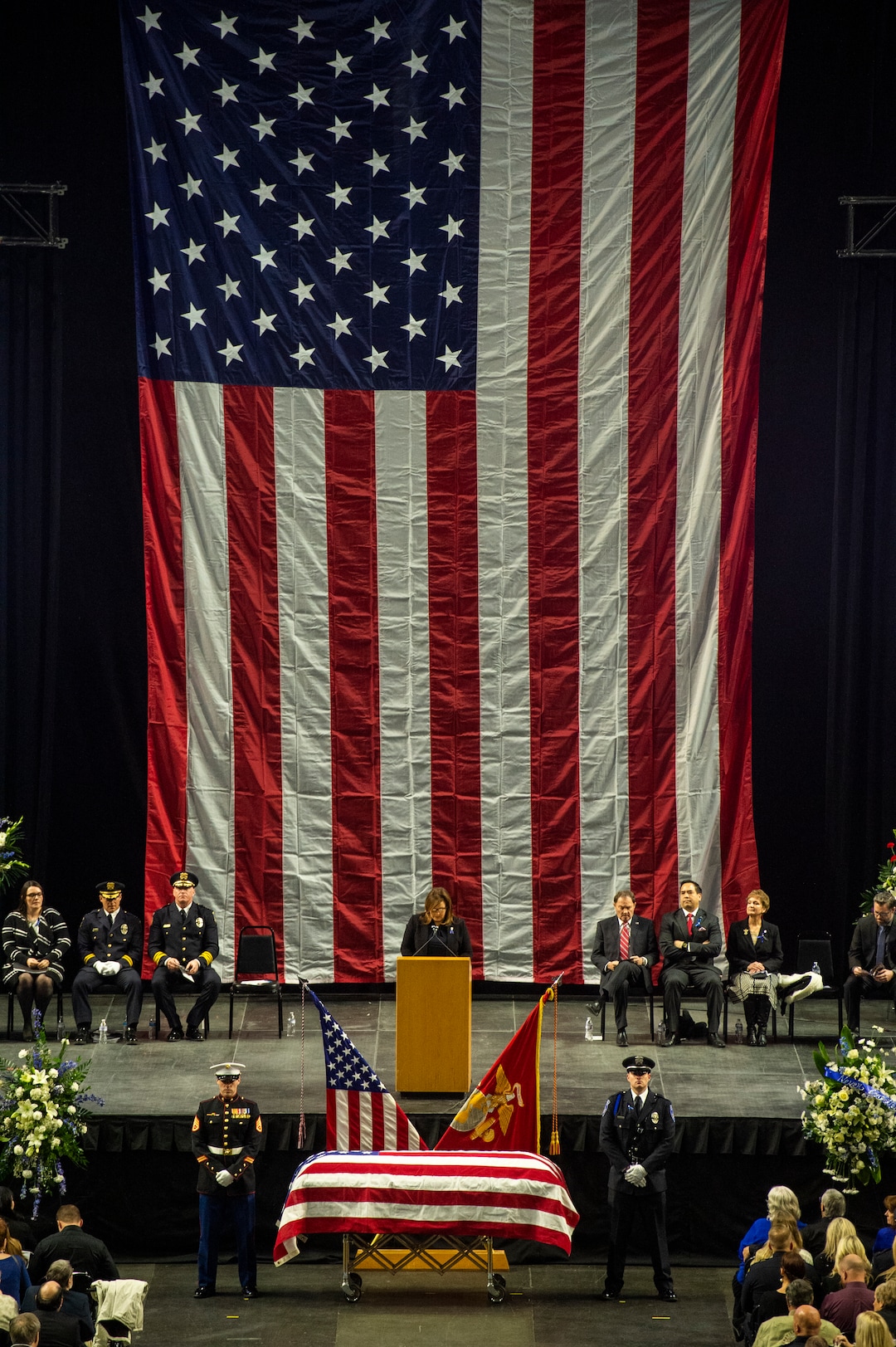 (Rick Egan  |  The Salt Lake Tribune)     Mayor Cherie Wood conducts the funeral for South Salt Lake police officer, David Romrell, who died after being struck by a car during a clash with two burglary suspects on Nov. 24. Wednesday, Dec. 5, 2018.