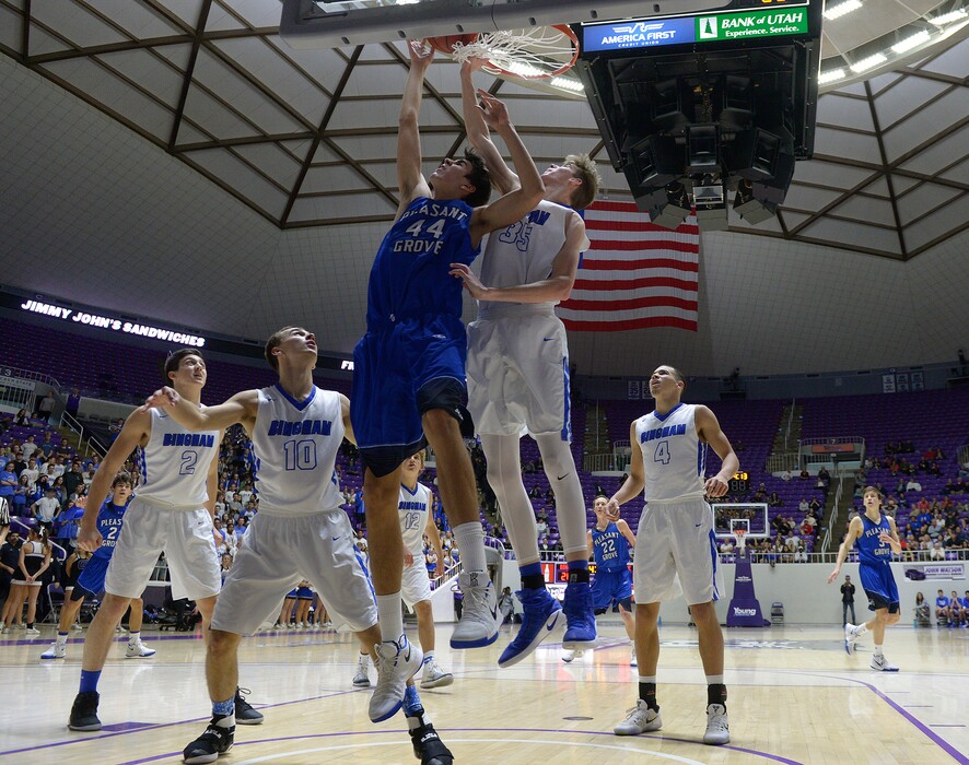 Leah Hogsten  |  The Salt Lake Tribune
Bngham's Branden Carlson , in white, battles Pleasant Grove's Matt Van Komen in a 2017 Class 6A semifinal game, won by Bingham in Ogden. The two now are Utah teammates.