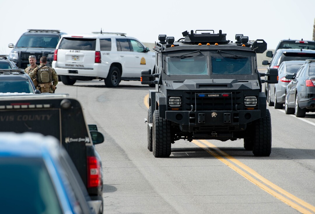 (Francisco Kjolseth  | The Salt Lake Tribune) Numerous police agencies respond to a man driving erratically and claiming to have a gun and a bomb as a police chase ends on Center Street over Legacy Highway on Wednesday, March 17, 2021.