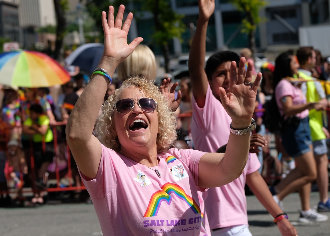 (Francisco Kjolseth  |  The Salt Lake Tribune)  Salt Lake Mayor Jackie Biskupski waves to the thousands of people lining the street during the Utah Pride Parade in Salt Lake City on Sunday June 2, 2019.