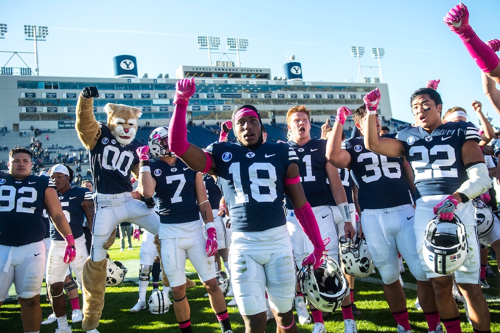 (Chris Detrick  |  The Salt Lake Tribune)  Brigham Young Cougars sing after the game at LaVell Edwards Stadium Saturday, October 28, 2017.  Brigham Young Cougars defeated San Jose State Spartan 41-20.