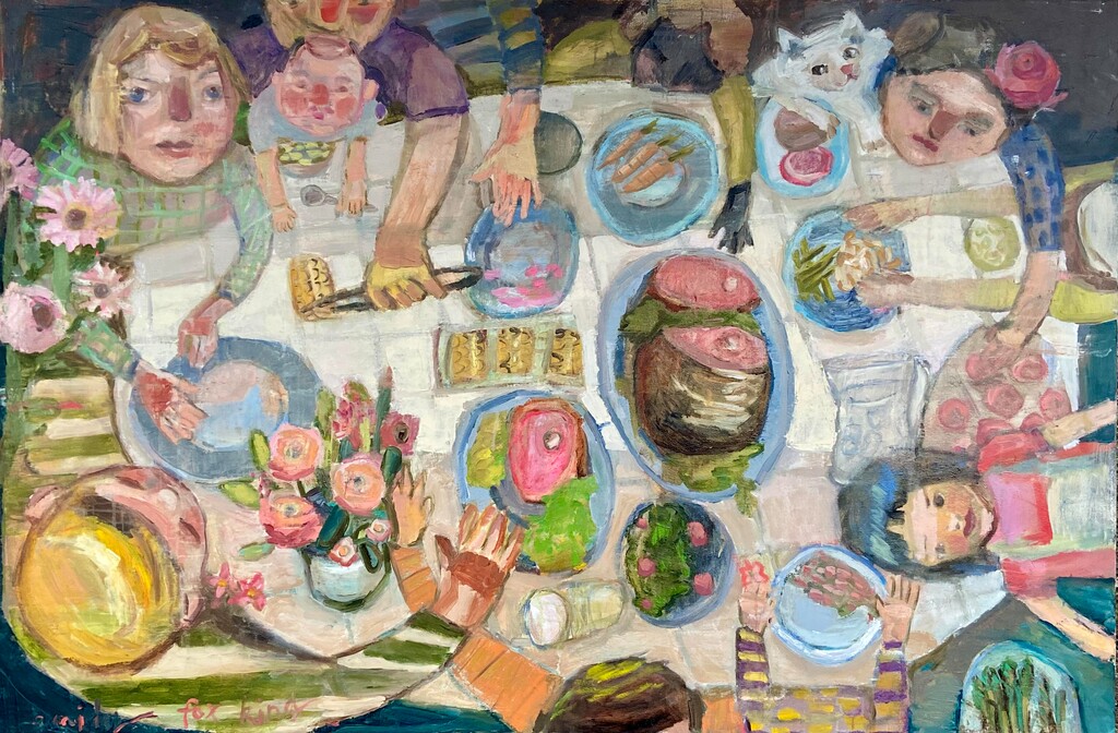 (Emily Fox King) In “Bless the Hands That Prepared This Meal,” artist Emily Fox King uses a busy family dinner as an allegory for the Latter-day Saint teaching that all are children of Heavenly Parents. Tribune guest columnist Eli McCann notes that religious rules vary from family to family among Latter-day Saints.