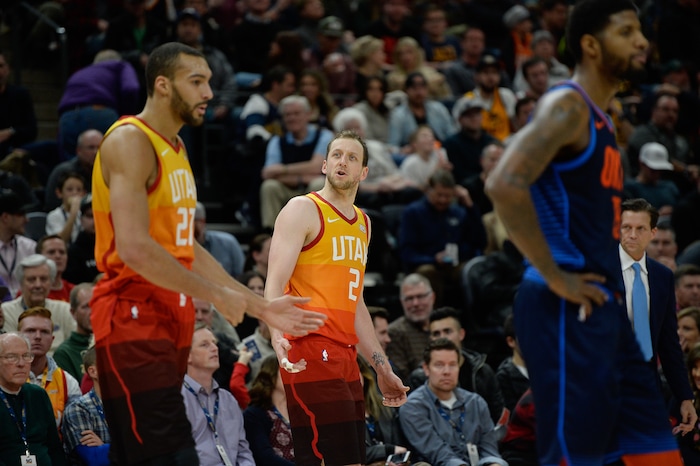 (Francisco Kjolseth  |  The Salt Lake Tribune)   Utah Jazz forward Joe Ingles (2) argues with Utah Jazz center Rudy Gobert (27) in the NBA game at Vivint Smart Home Arena Sat., Dec. 22, 2018, in Salt Lake City.
