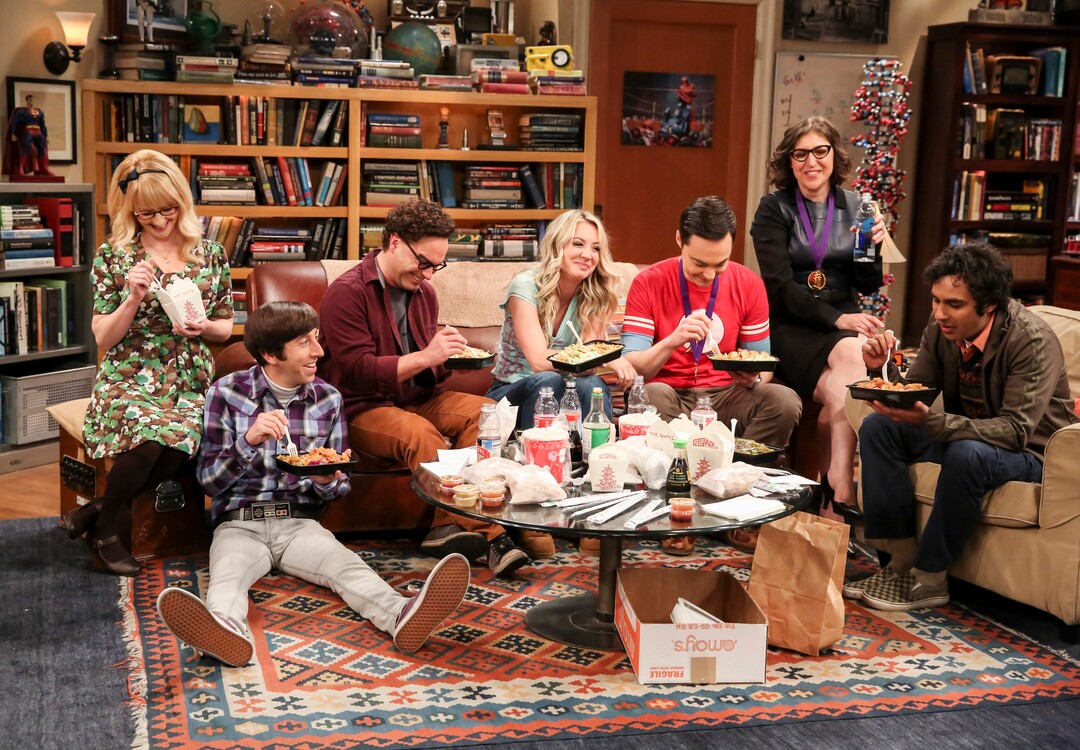 This photo provided by CBS shows Melissa Rauch, from left, Simon Helberg, Johnny Galecki, Kaley Cuoco, Jim Parsons, Mayim Bialik and Kunal Nayyar in a scene from the series finale of "The Big Bang Theory." "Game of Thrones," "Veep" and "The Big Bang Theory," three major series that wrapped last season, will find out with Tuesday's nominations if they have one more chance at Emmy gold. (Michael Yarish/CBS via AP)