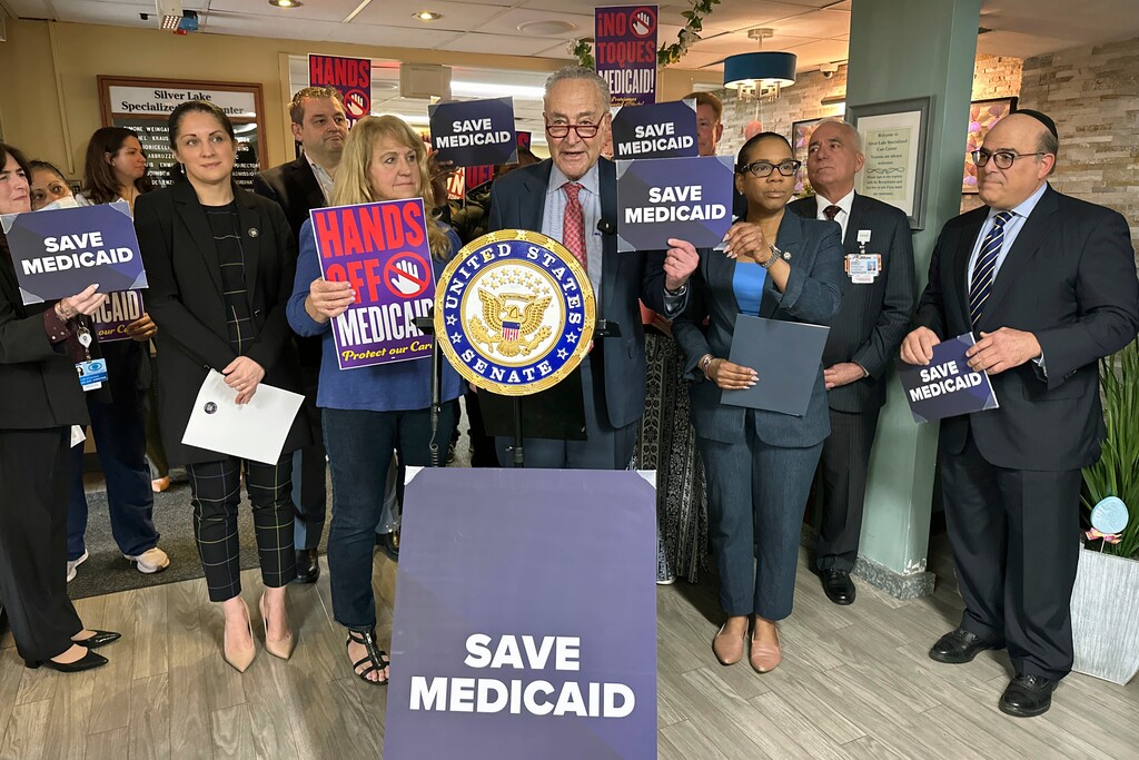 Sen. Chuck Schumer, Minority Leader, D-N.Y., is at a nursing home in Staten Island, in New York, on Monday, March 31, 2025, to speak against the prospect of Medicaid funding cuts. (AP Photo/Ted Shaffrey)