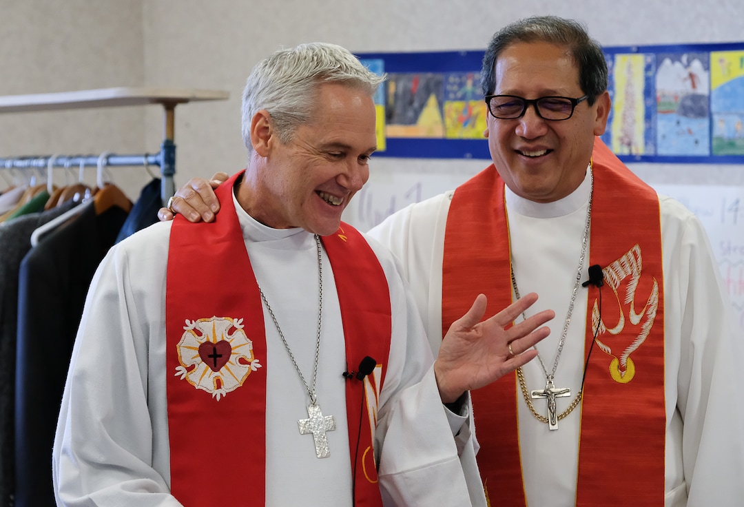 (Francisco Kjolseth  |  The Salt Lake Tribune)  Lutheran Bishop Jim Gonia, left, and Catholic Bishop Oscar Solis gather at the Zion Lutheran Church in Salt Lake for a celebration of dialogue and relationship for an ecumenical prayer service. 